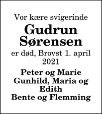 Dødsannoncen for Gudrun Sørensen - Brovst