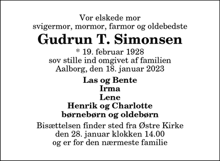 Dødsannoncen for Gudrun T. Simonsen - Aalborg