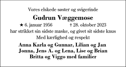 Dødsannoncen for Gudrun Væggemose - Ejstrupholm