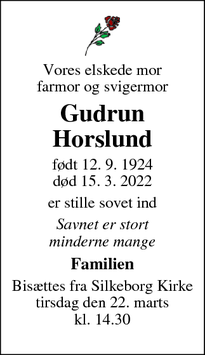 Dødsannoncen for Gudrun
Horslund - Silkeborg