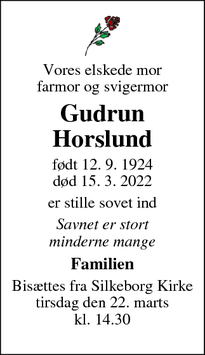 Dødsannoncen for Gudrun
Horslund - Silkeborg