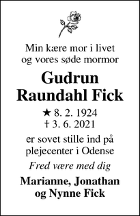 Dødsannoncen for Gudrun
Raundahl Fick - Odense