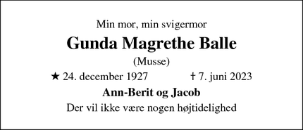 Dødsannoncen for Gunda Magrethe Balle - Sønderborg