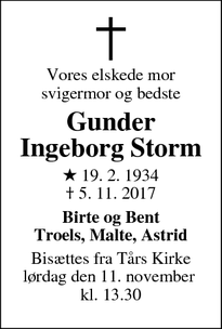 Dødsannoncen for Gunder Ingeborg Storm - Tårs