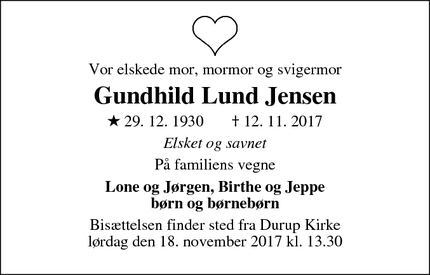 Dødsannoncen for Gundhild Lund Jensen - Durup