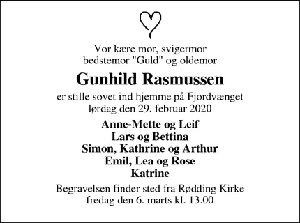 Dødsannoncen for Gunhild Rasmussen - Rødding