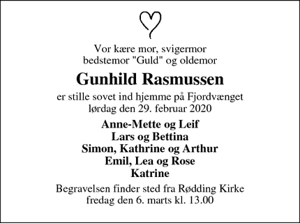 Dødsannoncen for Gunhild Rasmussen - Rødding