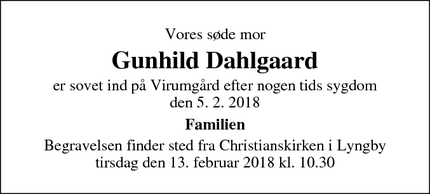 Dødsannoncen for Gunhild Dahlgaard - Lyngby