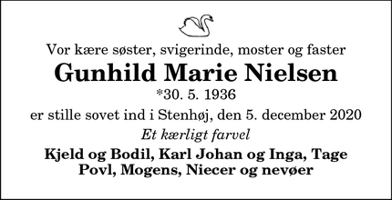 Dødsannoncen for Gunhild Marie Nielsen - Hjørring