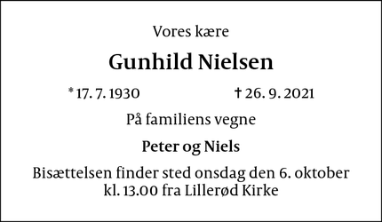 Dødsannoncen for Gunhild Nielsen - København Ø
