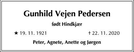 Dødsannoncen for Gunhild Vejen Pedersen - Brede