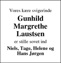 Dødsannoncen for Gunhild
Margrethe
Laustsen - Ulstrup