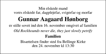Dødsannoncen for Gunnar Aagaard Hønborg - Odense