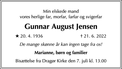 Dødsannoncen for Gunnar August Jensen - Dragør