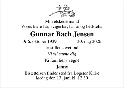 Dødsannoncen for Gunnar Bach Jensen - Løgstør