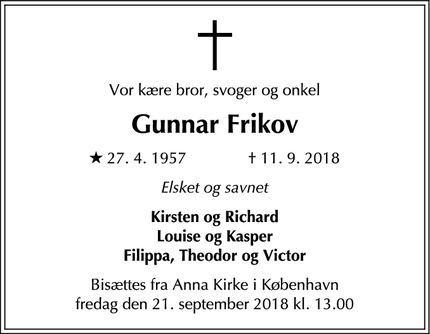 Dødsannoncen for Gunnar Frikov - København
