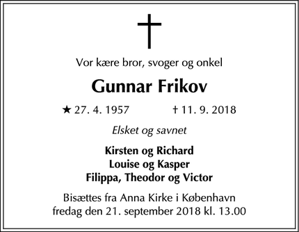 Dødsannoncen for Gunnar Frikov - København