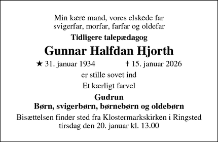 Dødsannoncen for Gunnar Halfdan Hjorth - Ringsted