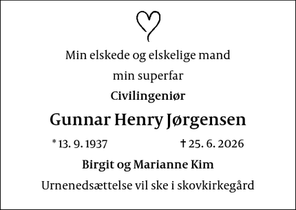 Dødsannoncen for Gunnar Henry J&oslash;rgensen - Samsø