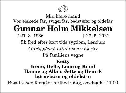 Dødsannoncen for Gunnar Holm Mikkelsen - Hjørring