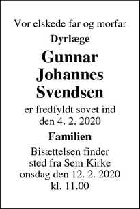 Dødsannoncen for Gunnar
Johannes Svendsen  - Mariager 