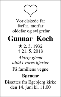 Dødsannoncen for Gunnar  Koch - nyk sj