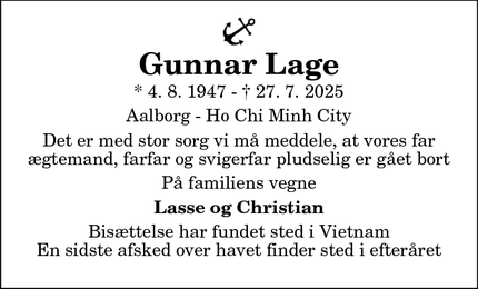 Dødsannoncen for Gunnar Lage - Aalborg