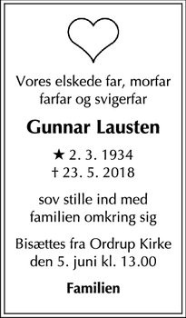 Dødsannoncen for Gunnar Lausten - Ordrup