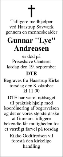 Dødsannoncen for Gunnar "Lye" Andreasen - Haastrup