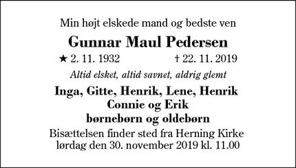 Dødsannoncen for Gunnar Maul Pedersen - Herning