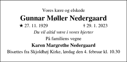 Dødsannoncen for Gunnar Møller Nedergaard - Århus