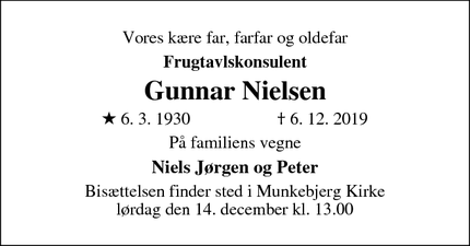 Dødsannoncen for Gunnar Nielsen - Odense 