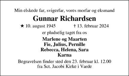 Dødsannoncen for Gunnar Richardsen - Varde