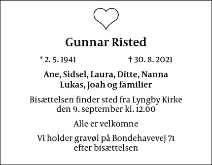 Dødsannoncen for Gunnar Risted - København Ø