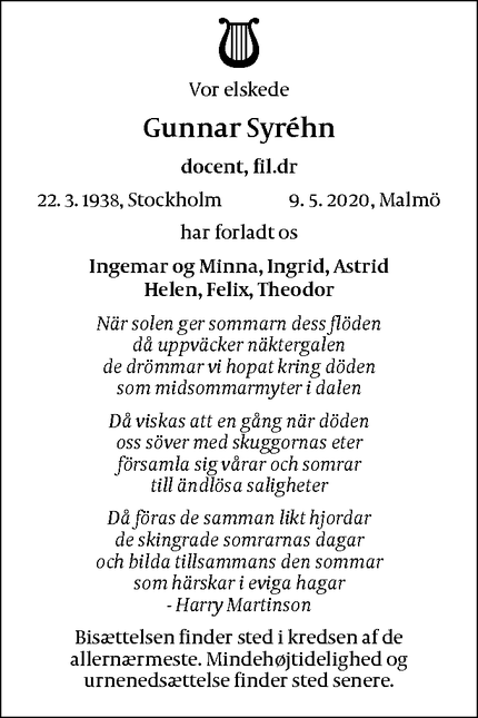 Dødsannoncen for Gunnar Syréhn - Malmö