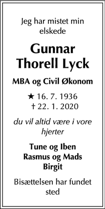 Dødsannoncen for Gunnar Thorell Lyck - Helsingør