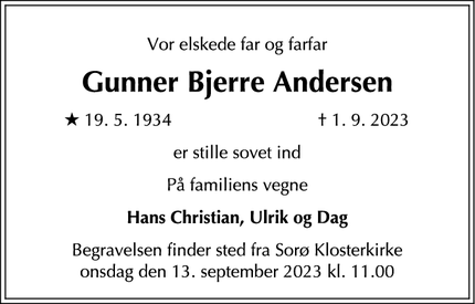 Dødsannoncen for Gunner Bjerre Andersen - Sorø