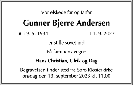Dødsannoncen for Gunner Bjerre Andersen - Sorø