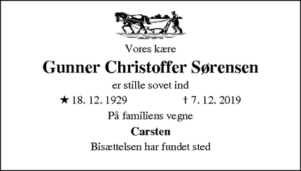 Dødsannoncen for Gunner Christoffer Sørensen - Osted