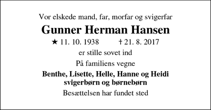 Dødsannoncen for Gunner Herman Hansen - Skibby