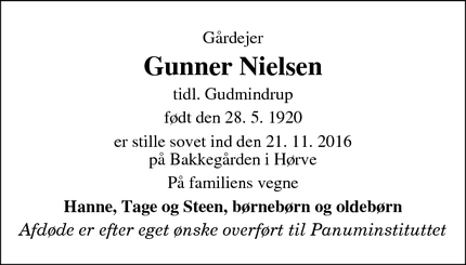 Dødsannoncen for Gunner Nielsen - Hørve