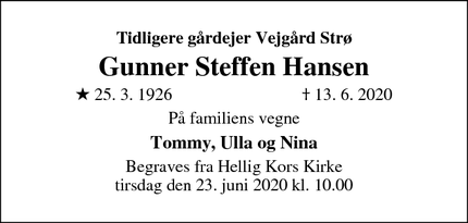 Dødsannoncen for Gunner Steffen Hansen - Jyllinge