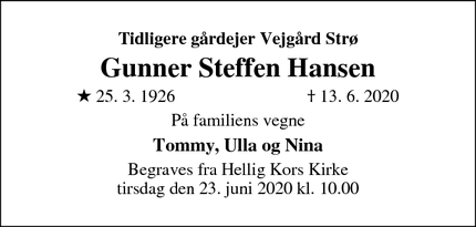 Dødsannoncen for Gunner Steffen Hansen - Jyllinge