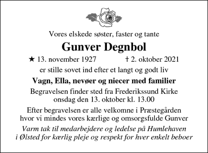 Dødsannoncen for Gunver Degnbol - Ølsted