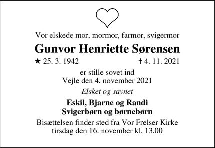 Dødsannoncen for Gunvor Henriette Sørensen - Odense C