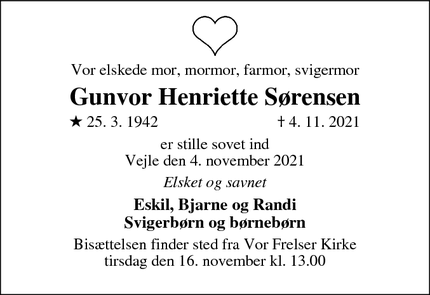 Dødsannoncen for Gunvor Henriette Sørensen - Odense C