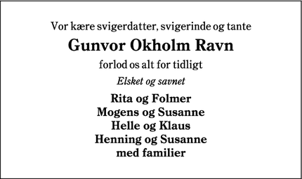 Dødsannoncen for Gunvor Okholm Ravn - Gredstedbro