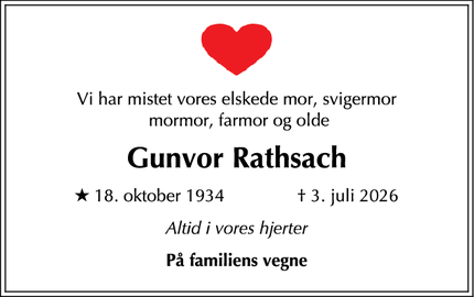Dødsannoncen for Gunvor Rathsach - Birkerød