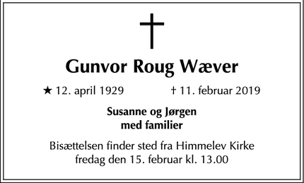 Dødsannoncen for Gunvor Roug Wæver - Roskilde