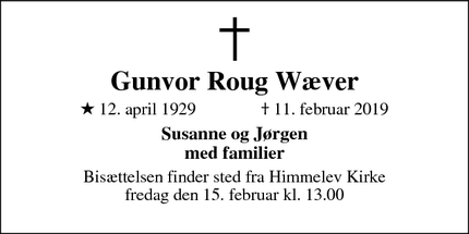 Dødsannoncen for Gunvor Roug Wæver - Roskilde